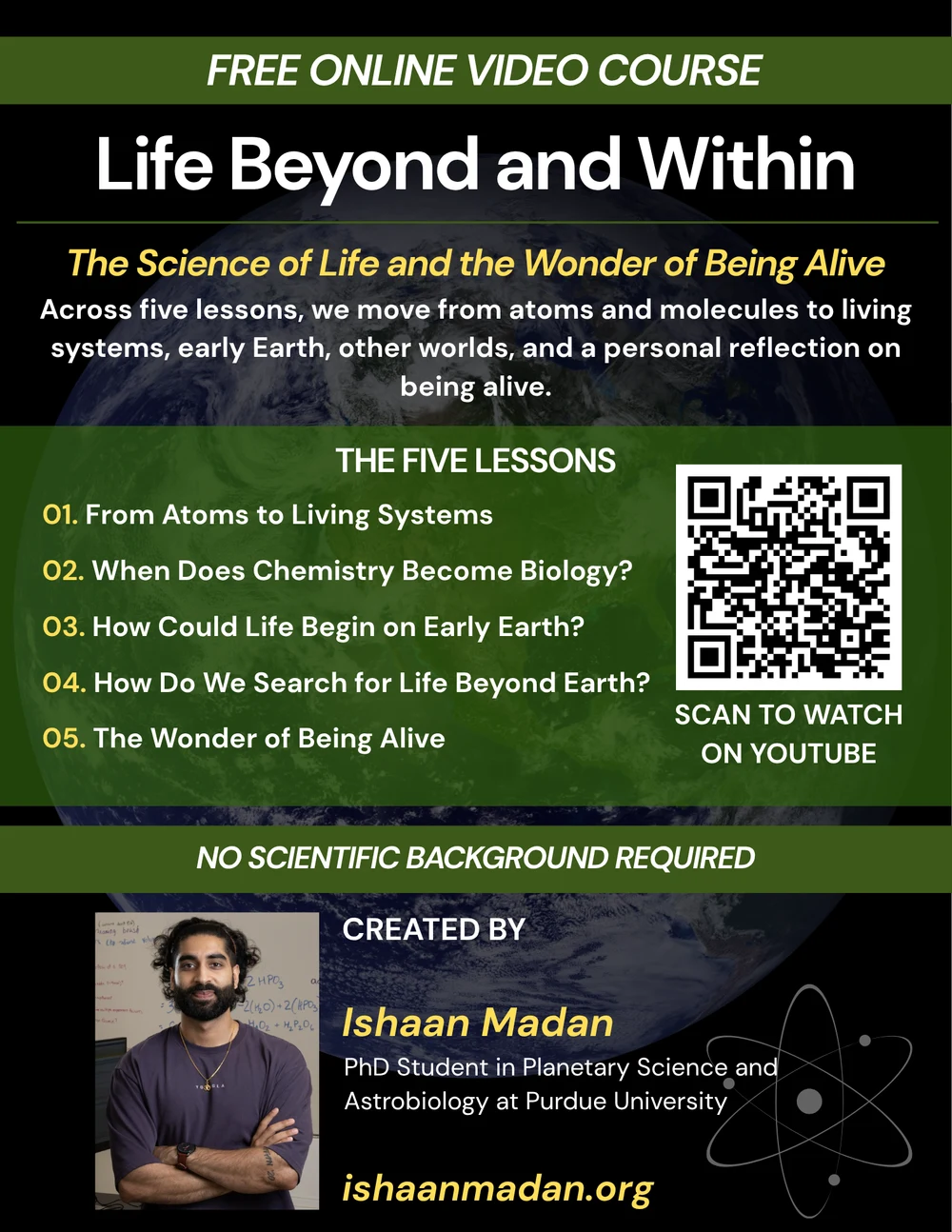 Life Beyond and Within course flyer, with the five lesson titles and Ishaan Madan.