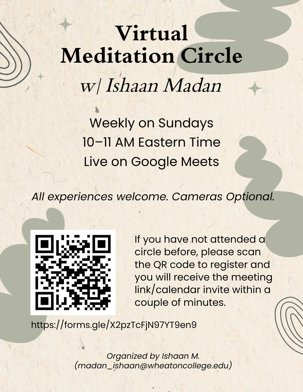 Weekly virtual meditation circle flyer: Sundays, 10–11 AM Eastern, on Google Meet. All experience levels welcome; cameras optional.
