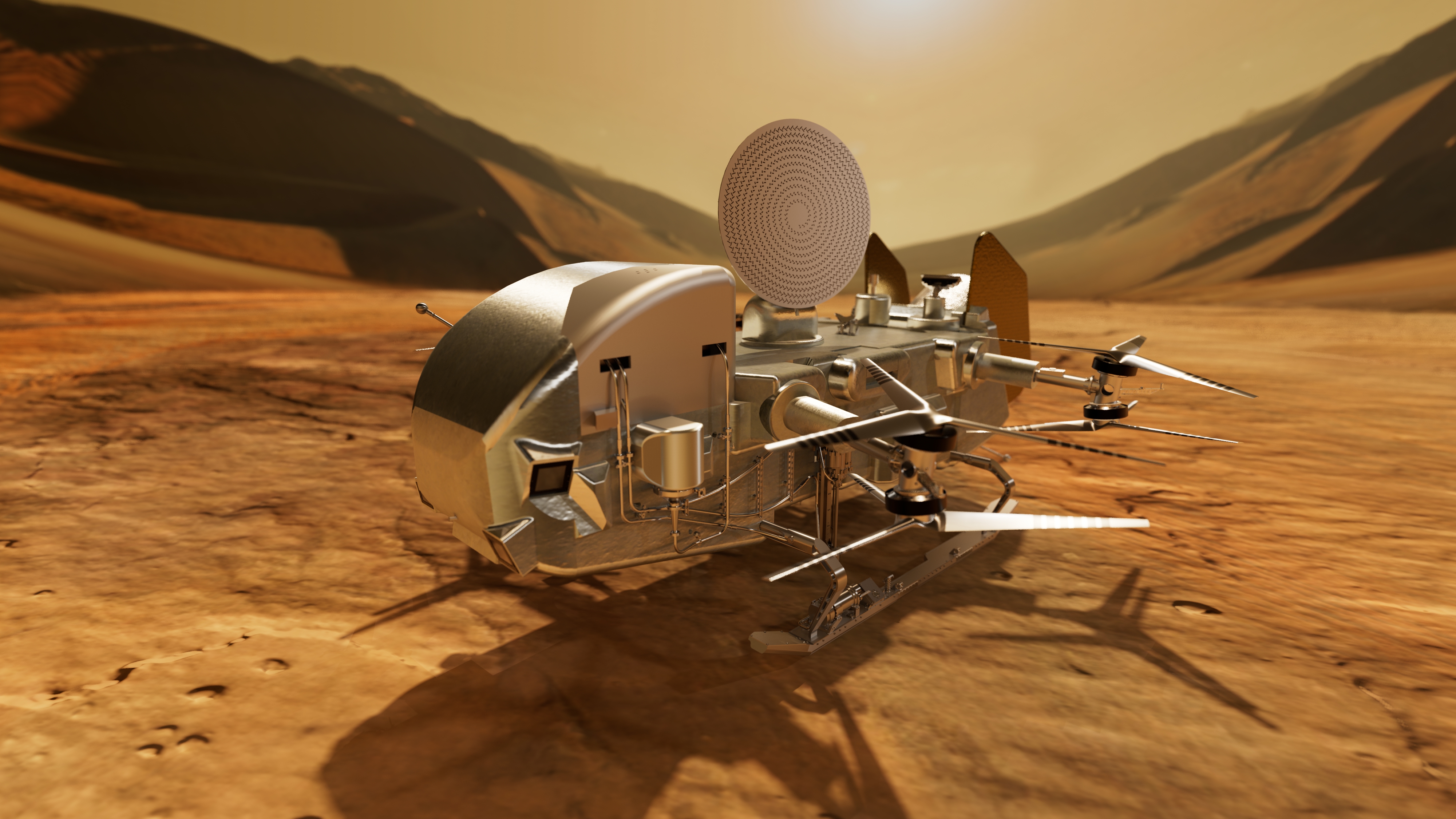 Artist's depiction of NASA's Dragonfly rotorcraft operating on Titan's surface.