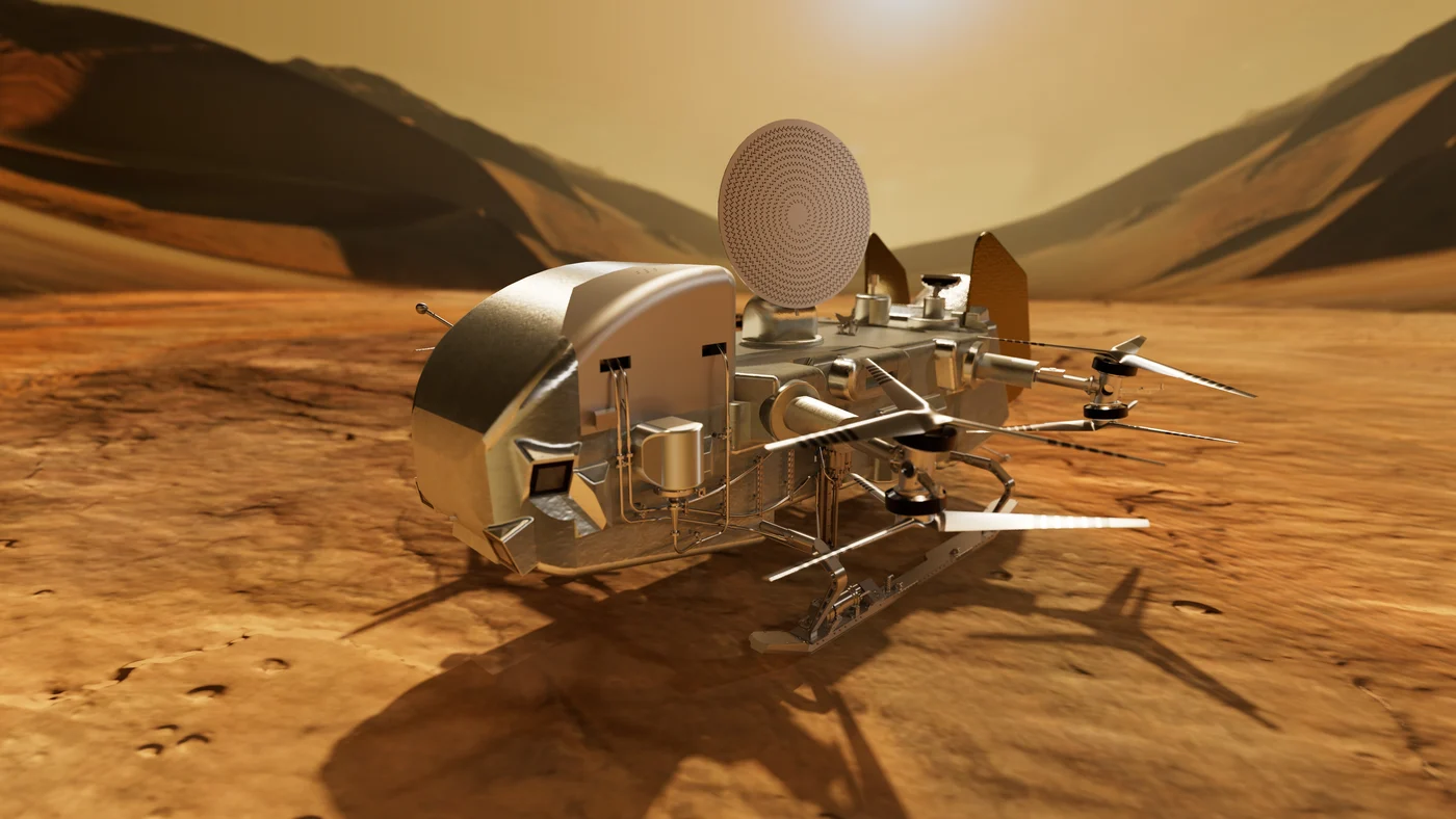 Artist's depiction of NASA's Dragonfly rotorcraft operating on Titan's surface.