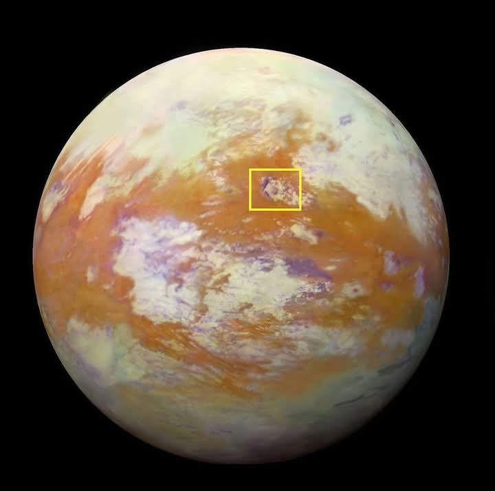 False-color composite of Titan with Selk crater marked by a yellow box.