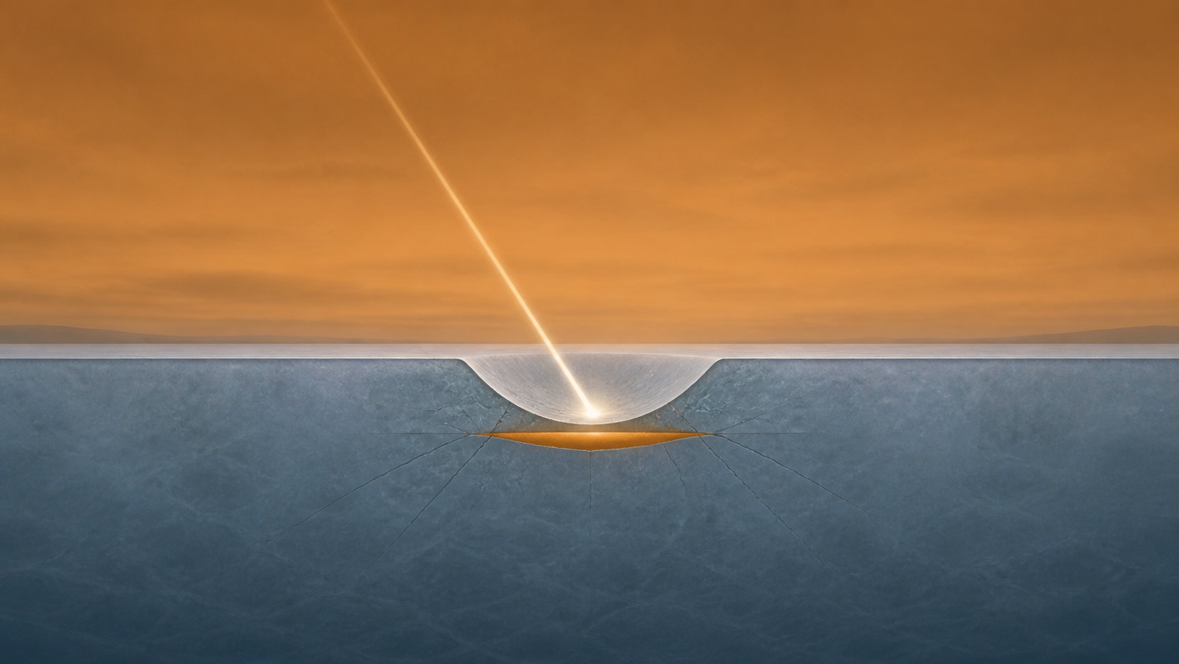 Simple conceptual cross-section of an impact striking Titan's icy surface.
