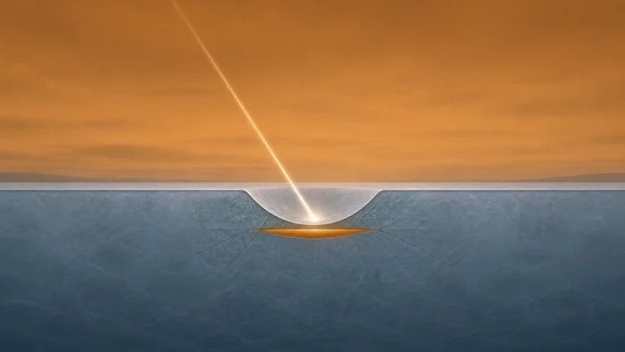 Simple conceptual cross-section of an impact striking Titan's icy surface.