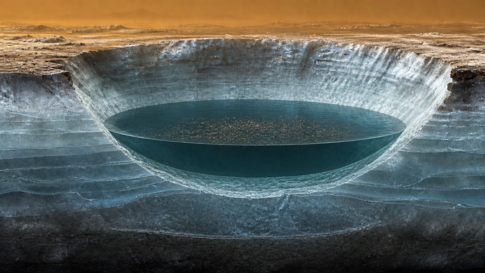 Simple conceptual cross-section of a liquid-water melt pool inside an icy Titan crater.
