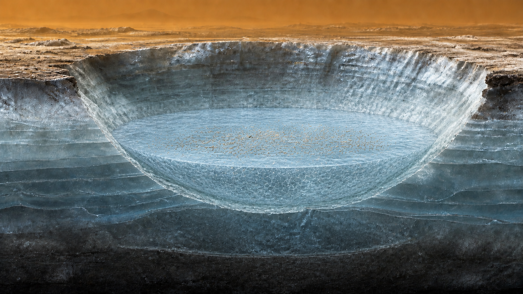 Conceptual cross-section of the same crater after the melt pool has frozen into solid ice.